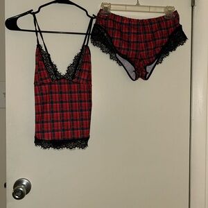 Plaid Lace Trim Sleepwear Set